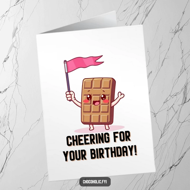 Funny Free Printable birthday card with a chocolate bar character enthusiastically waving a tiny chocolate foil flag.