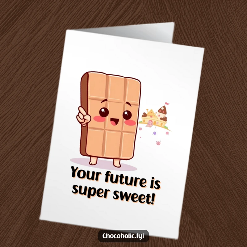 Funny Free Printable Birthday Card: Kawaii chocolate bar excitedly points towards a whimsical candy land, full of birthday wishes.