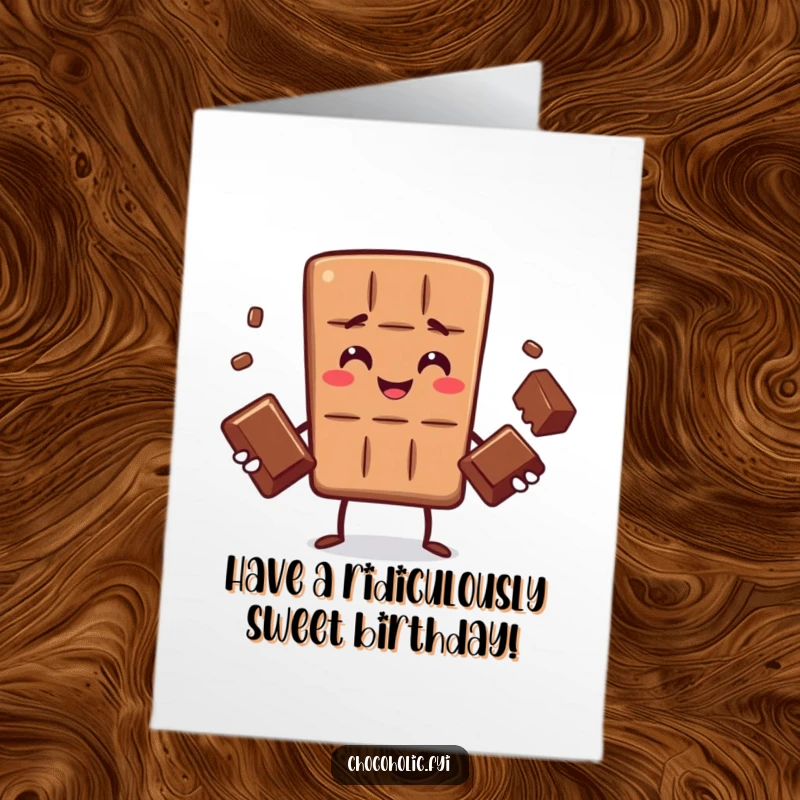 Funny free printable birthday card: smiling chocolate bar character expertly juggling three smaller chocolates, showcasing impressive skills.