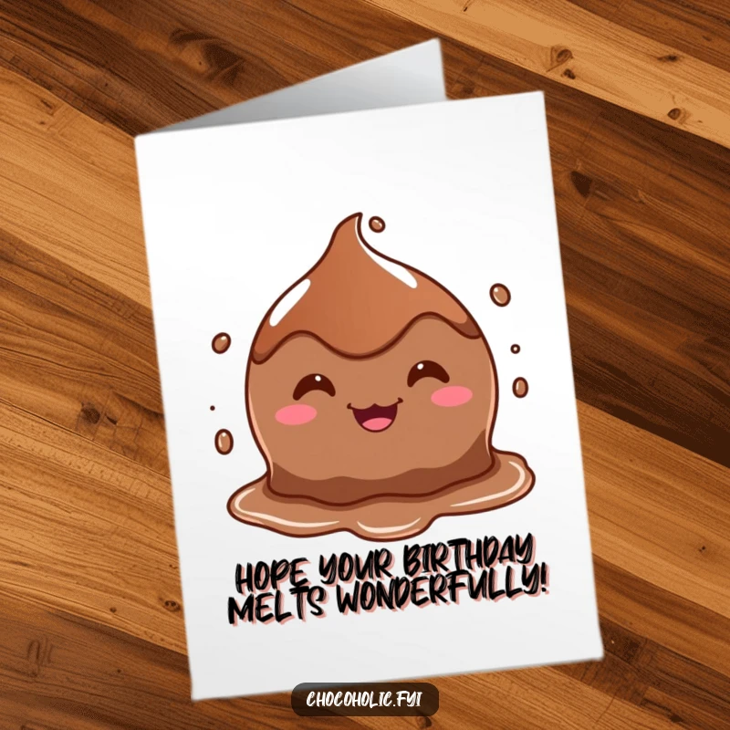 Funny Free Printable Birthday Card: A melting chocolate puddle with a wide, goofy grin, spreading birthday cheer.