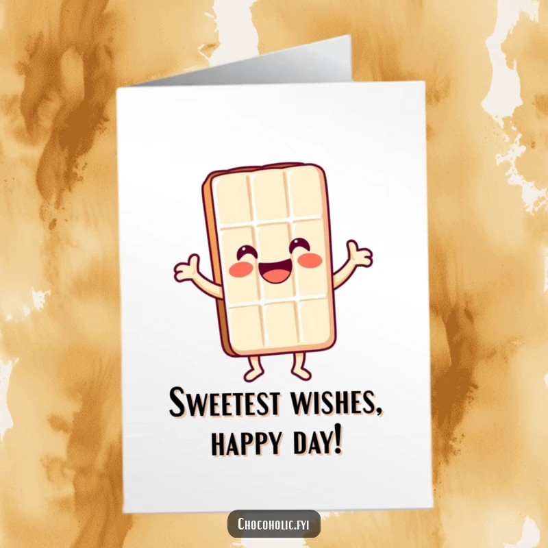 Funny Free Printable Birthday Card: A super happy kawaii chocolate bar character doing a joyful dance with a huge smile. Pure celebration and delight.