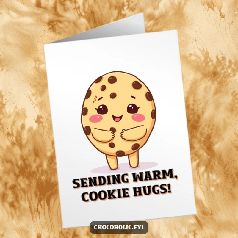 Funny Free Printable Birthday Card: Kawaii chocolate chip cookie character giving a warm, fuzzy hug with love.