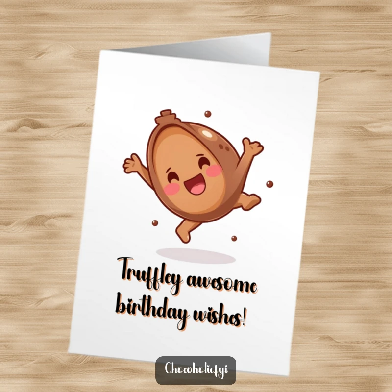 Funny Free Printable Birthday Card featuring a happy chocolate truffle doing a joyful somersault, perfect for a sweet and silly celebration.