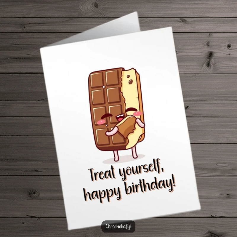Funny Free Printable Birthday Card: A kawaii chocolate bar character closes its eyes, savoring a bite of itself.