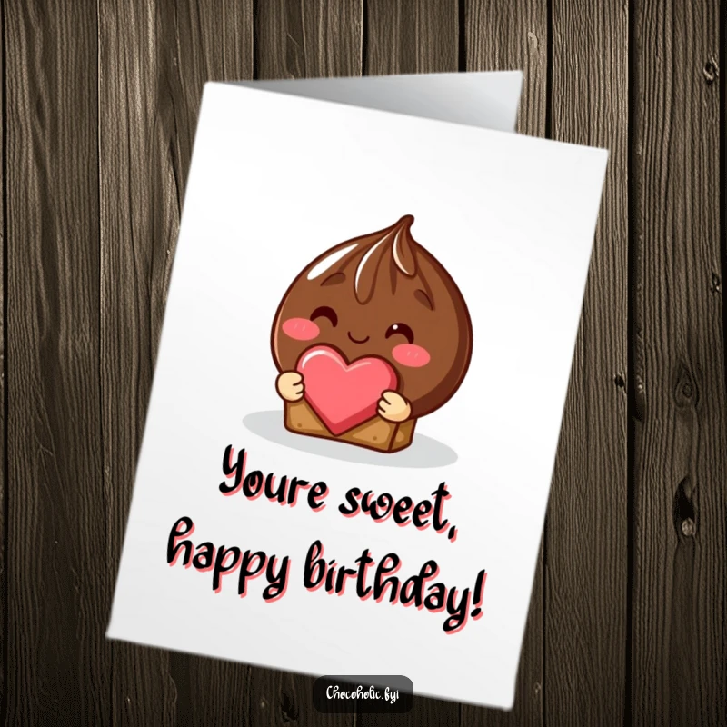 Funny Free Printable Birthday Card with a blushing chocolate truffle shyly offering a heart-shaped chocolate piece.