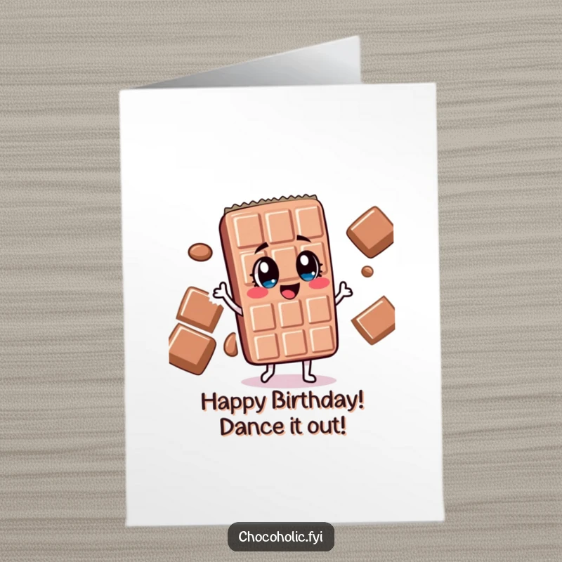 Funny Free Printable Birthday Card: Chocolate bar character with wide, delighted eyes doing a joyful, silly dance.