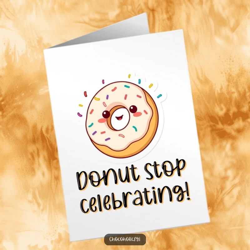 Funny Free Printable Birthday Card: Kawaii donut character spinning with delight, sprinkles flying, embodying pure birthday joy.