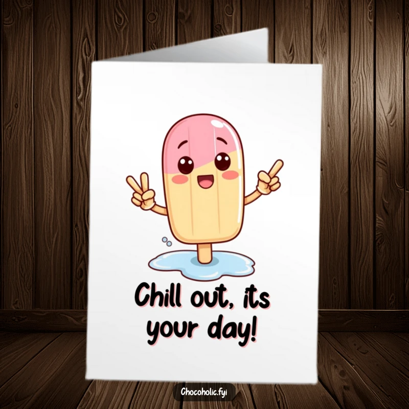 Funny Free Printable Kawaii popsicle character in a victory pose with a melting puddle, cheering for a happy birthday.