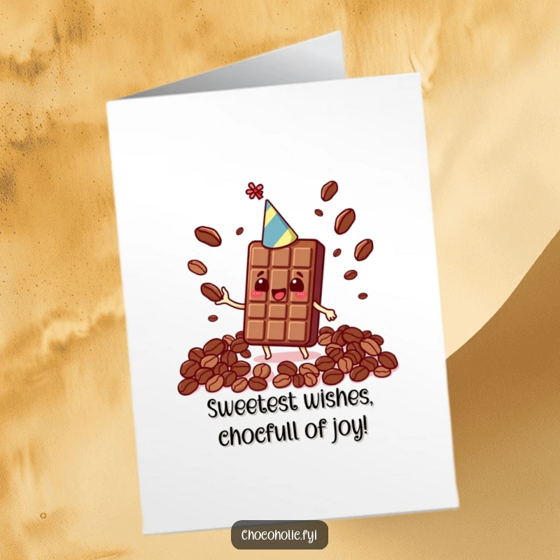 Funny Free Printable Birthday Card featuring a Kawaii chocolate bar in a party hat, joyfully juggling cocoa beans for a festive occasion.