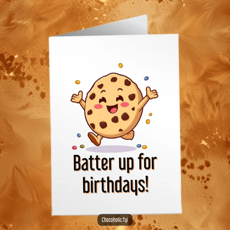 Funny free printable birthday card: cartoon chocolate chip cookie doing cartwheels joyfully with tiny candies.