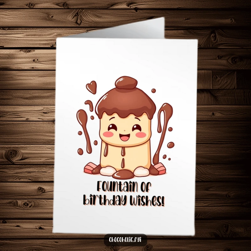 Funny free printable birthday card: a happy chocolate fountain character grinning widely, with sweet streams cascading down.