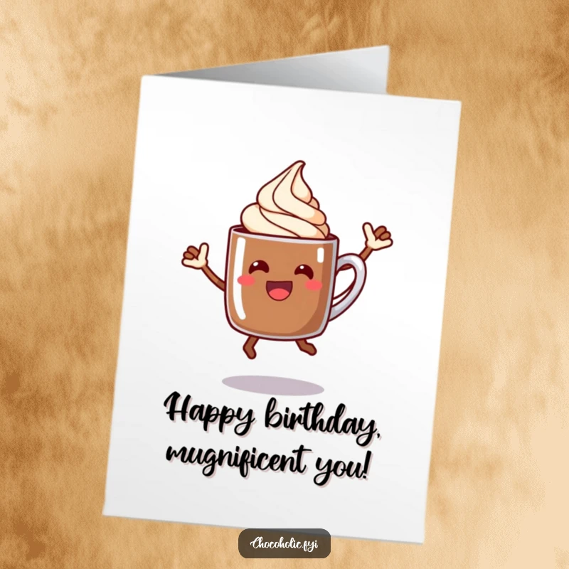Funny Free Printable Birthday Card featuring a happy chocolate mug character with cream mid-air doing a celebratory jump.
