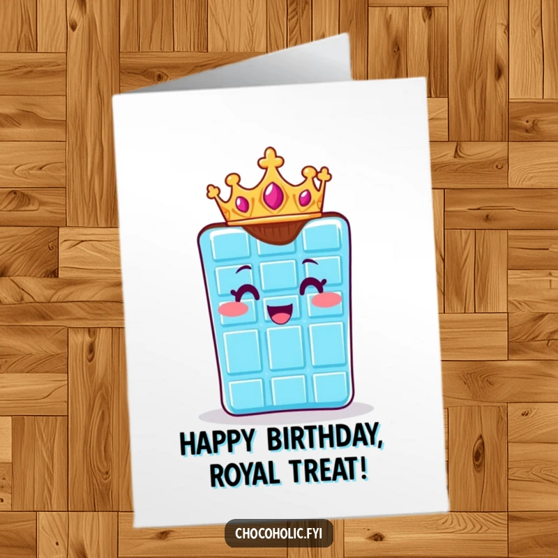 Funny Free Printable Birthday Card: Chocolate bar character wearing a tiny golden crown, looking regal and delighted.