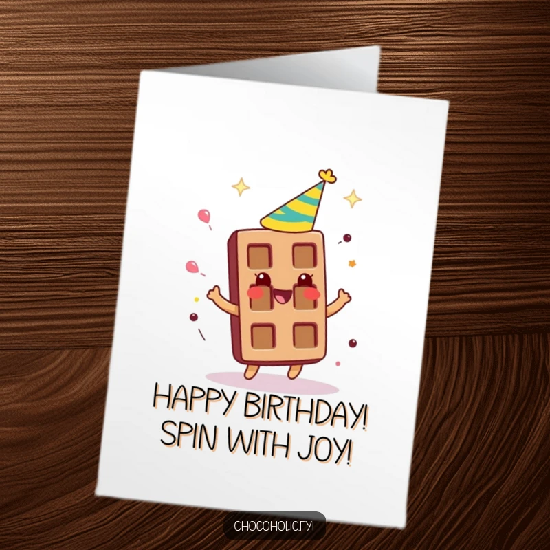 Funny Free Printable Birthday Card: Chocolate bar character wearing a party hat, spinning around gleefully in celebration.