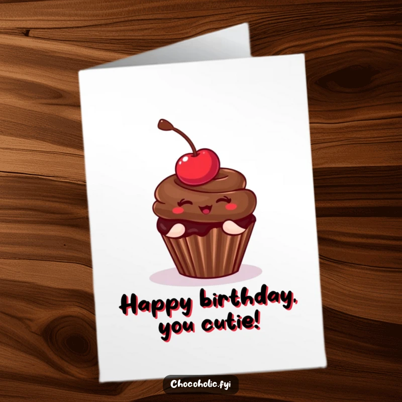 Funny Free Printable Birthday Card featuring a chocolate cupcake with a cherry striking a playful pose, ready for birthday fun.
