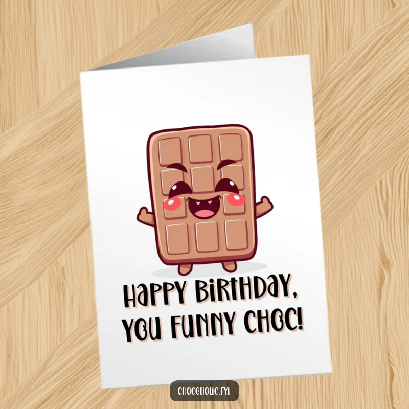 Funny Free Printable birthday card showing a chocolate bar character with crossed eyes and a delighted giggle.