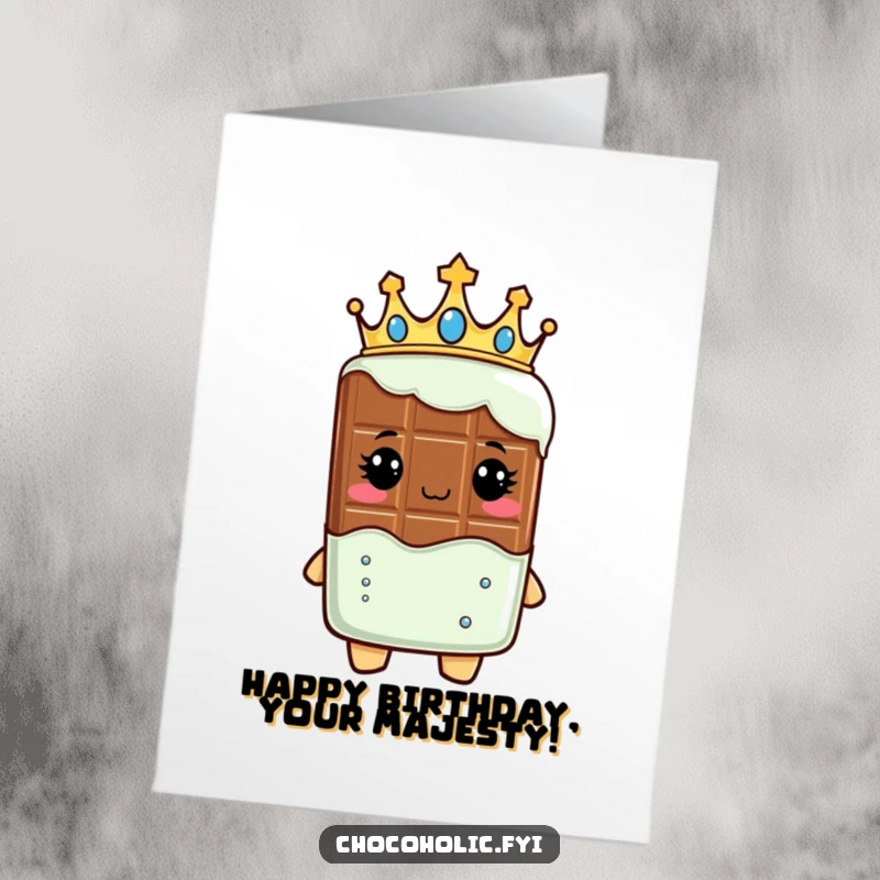Funny Free Printable Birthday Card featuring a chocolate bar character wearing a crown like royalty, a regal downloadable gift.
