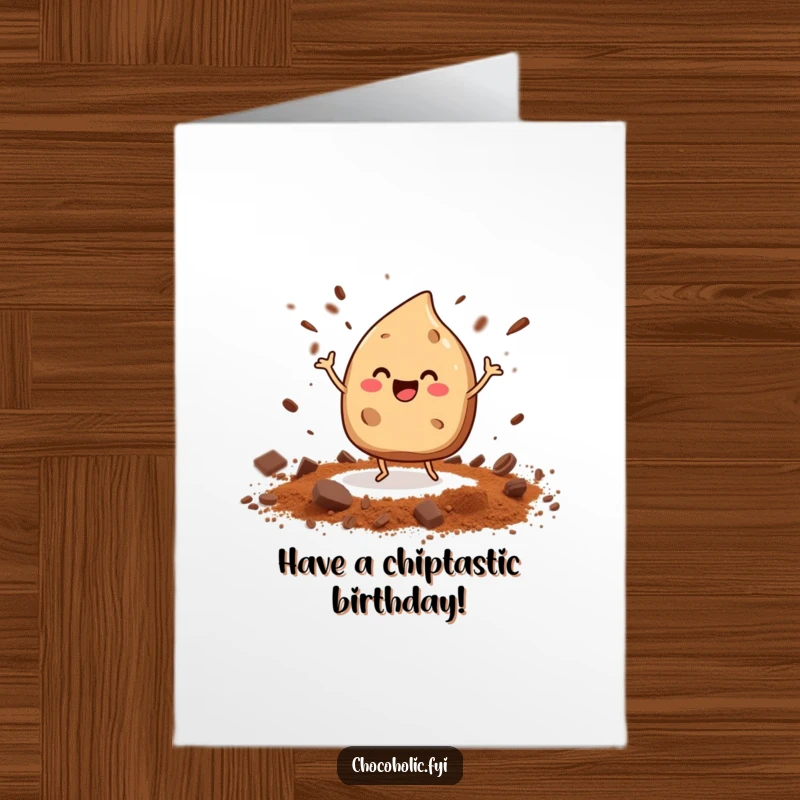 Funny Free Printable Birthday Card illustration of a chocolate chip with legs dancing joyfully and scattering cocoa powder.
