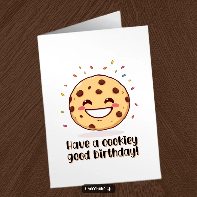 Funny Free Printable Birthday Card featuring a grinning chocolate chip cookie gleefully juggling colorful sprinkles, a recipe for fun.