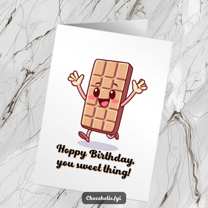 Funny free printable birthday card: joyful chocolate bar character hopping with arms raised in celebration, infectious energy.