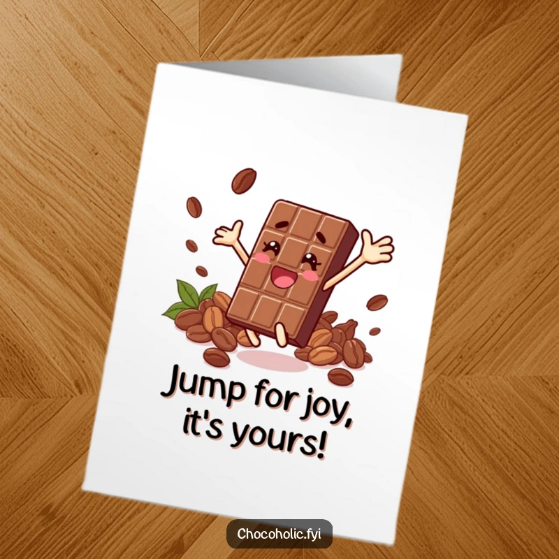Funny Free Printable Birthday Card showing a chocolate bar character joyfully leaping among cocoa beans, a fun downloadable gift.