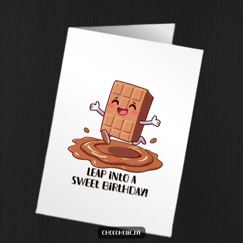Funny Free Printable Birthday Card: Smiling chocolate bar character joyfully leaping over melted chocolate.