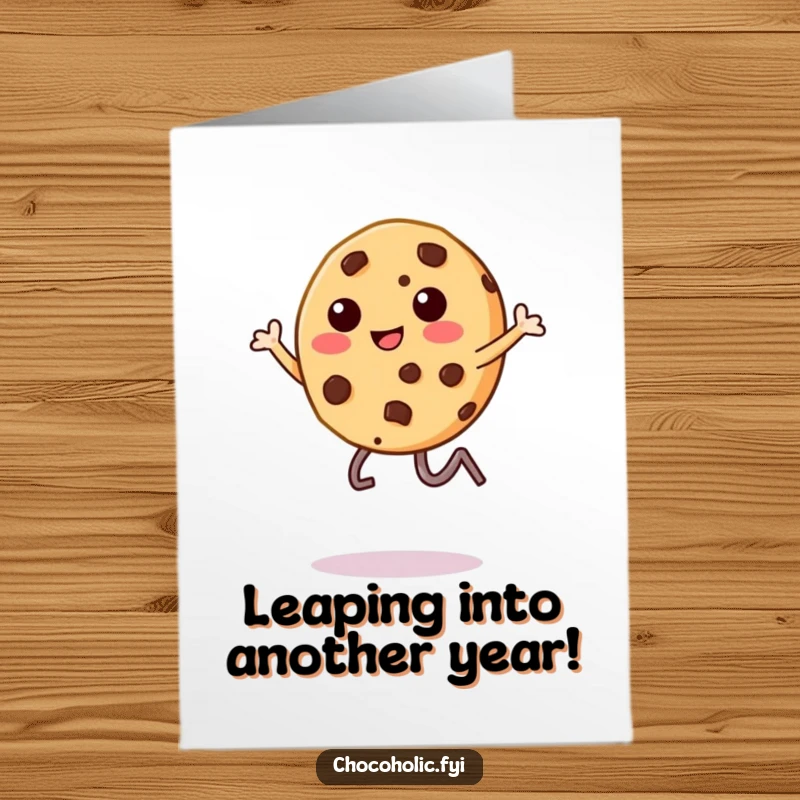 Funny Free Printable Birthday Card: Kawaii cookie character mid-leap, legs kicking, bringing joy and humor to your celebration.