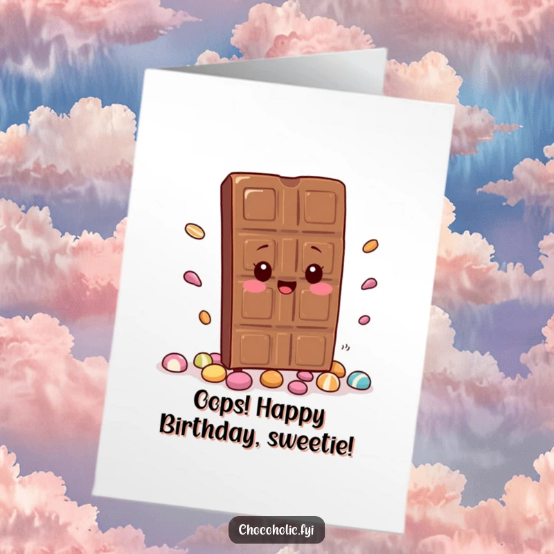 Funny Free Printable Birthday Card shows a kawaii chocolate bar tripping, scattering colorful candies, with a look of surprised dismay.
