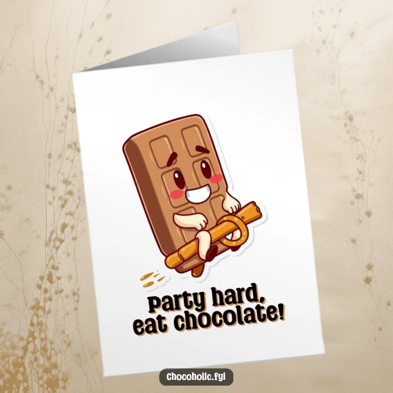 Funny Free Printable Birthday Card of a chocolate bar with a goofy face riding a pretzel stick.