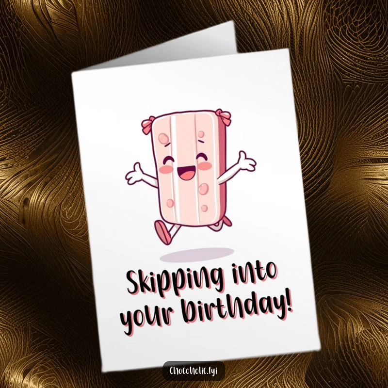 Funny Free Printable Birthday Card: A kawaii candy bar character skipping with pure joy, arms wide open for birthday wishes.