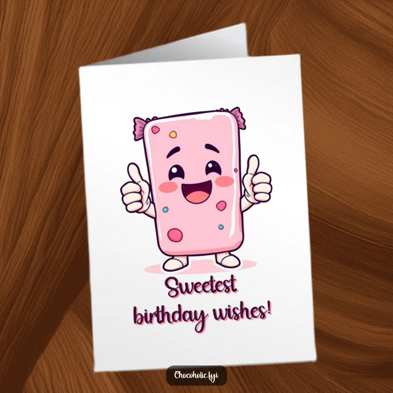 Funny Free Printable Birthday Card: Excited Kawaii candy bar character gives an enthusiastic double thumbs-up with a wide smile.