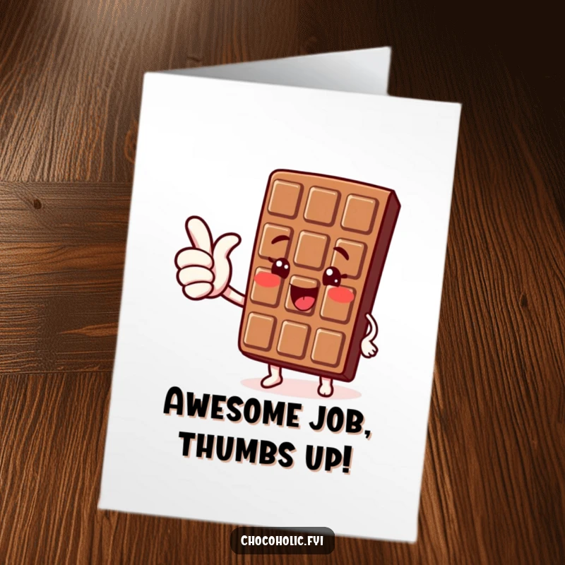 Free Printable Congratulations Card: Kawaii chocolate bar character giving a joyful and encouraging thumbs up gesture.