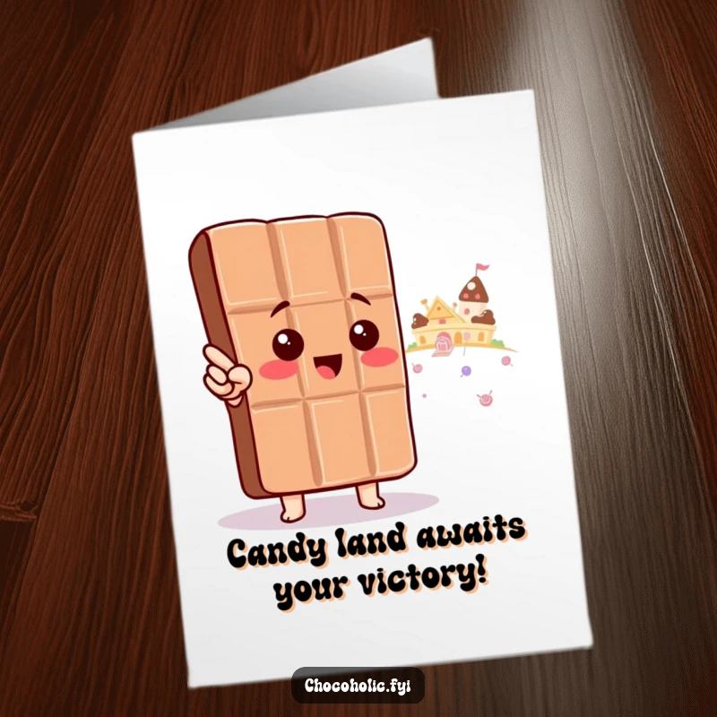 Funny Free Printable Congrats Card: A kawaii chocolate bar excitedly points towards candy land, celebrating a sweet success.