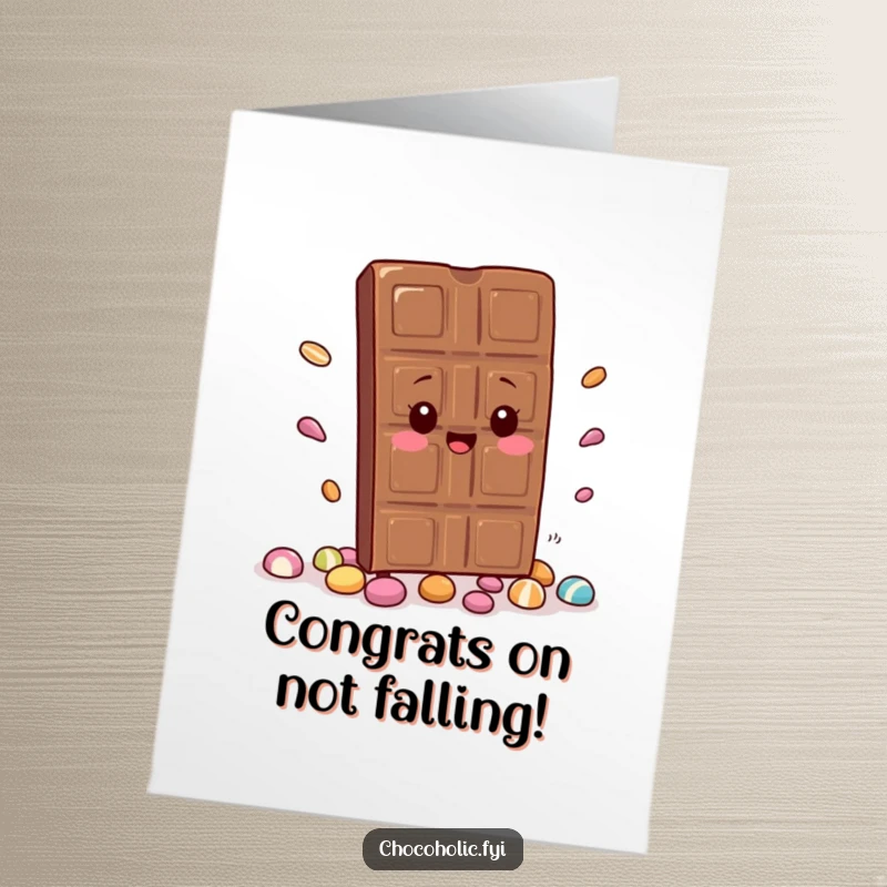 Funny Free Printable Congratulations Card: Kawaii chocolate bar trips scattering candy, designed for a humorous celebration of success.