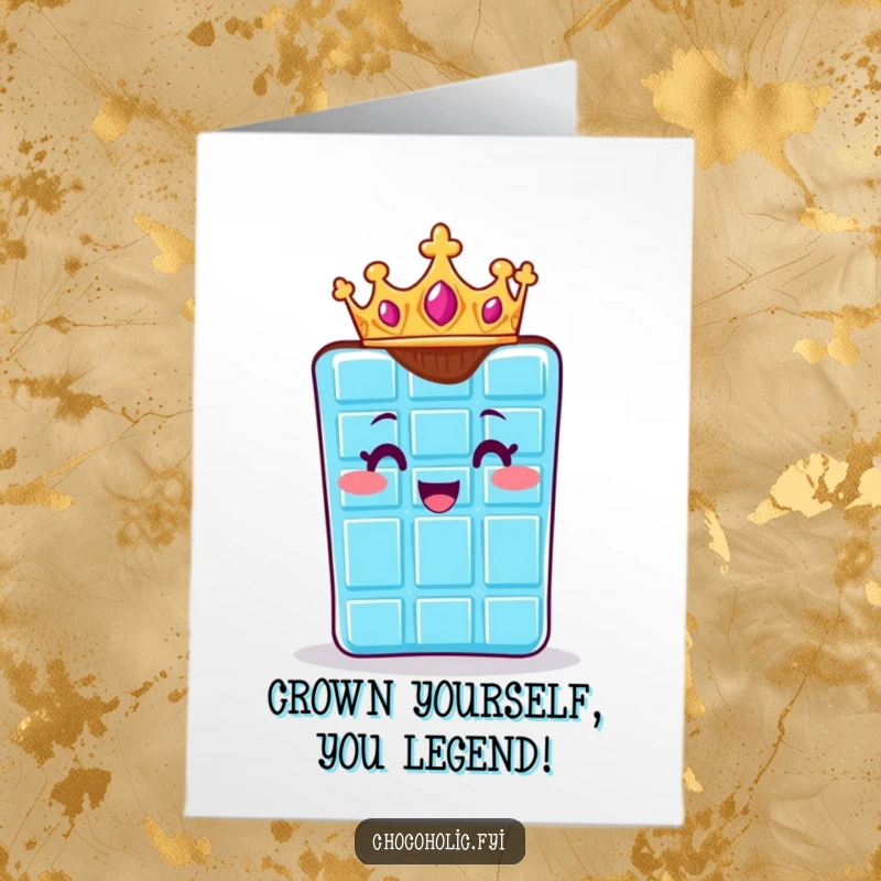 Funny Free Printable Congrats Card: Chocolate bar character proudly wearing a small golden crown, exuding regal delight.