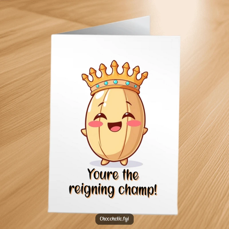 Funny Free Printable Congratulations Card: Gleeful cocoa bean royalty sporting a crown, celebrating achievements with immense joy.