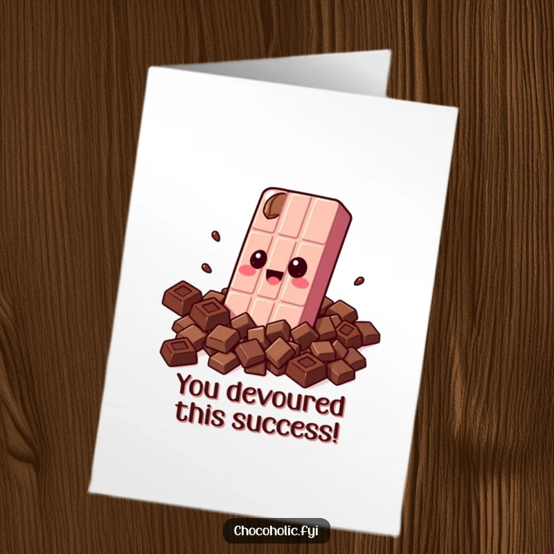 Free printable congratulations card showing a kawaii chocolate bar character embracing itself with smaller chocolates.