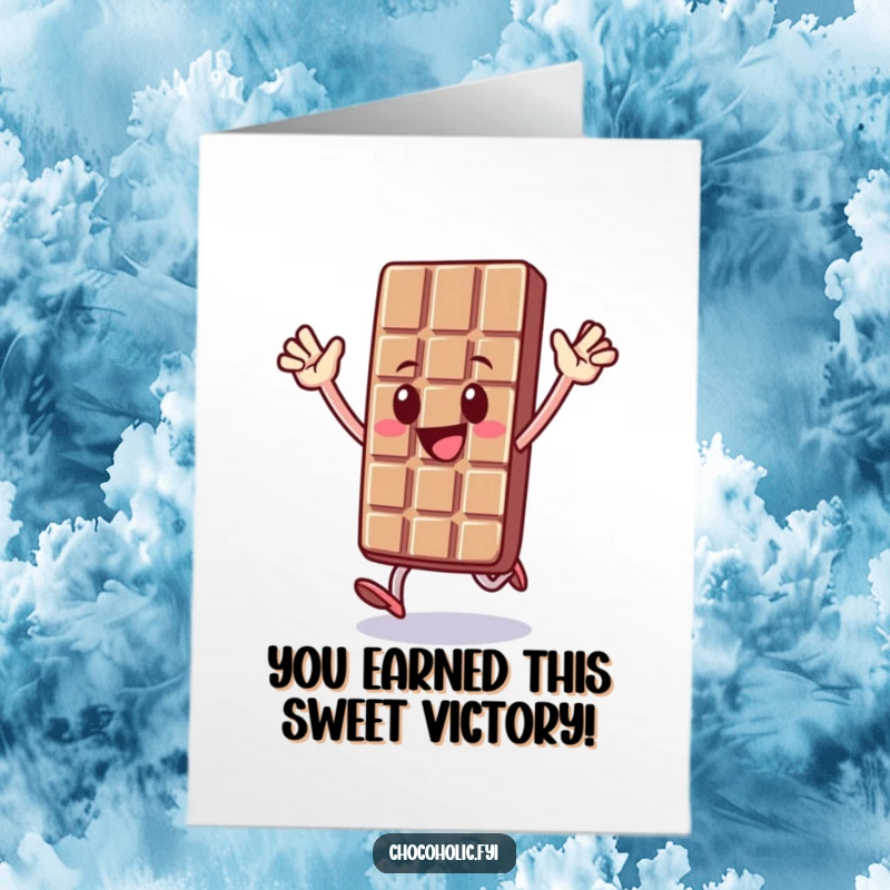 Funny free printable congratulations card: ecstatic chocolate bar character leaping for joy, arms up in a triumphant hop.