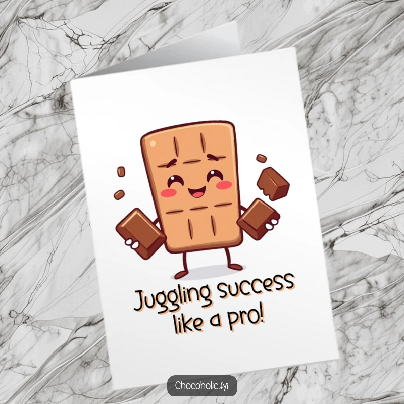Funny free printable congratulations card: a happy chocolate bar character balancing three chocolates in the air with a confident smile.