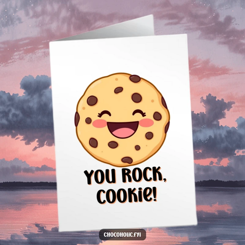 Funny Free Printable Congrats Card: A kawaii chocolate chip cookie character showing off a huge, happy grin, perfect for celebrating success.