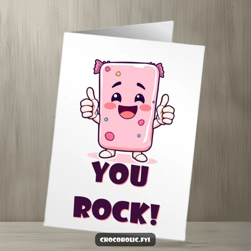 Funny Free Printable Congrats Card: Excited Kawaii candy bar character gives a big double thumbs-up for your amazing achievement.