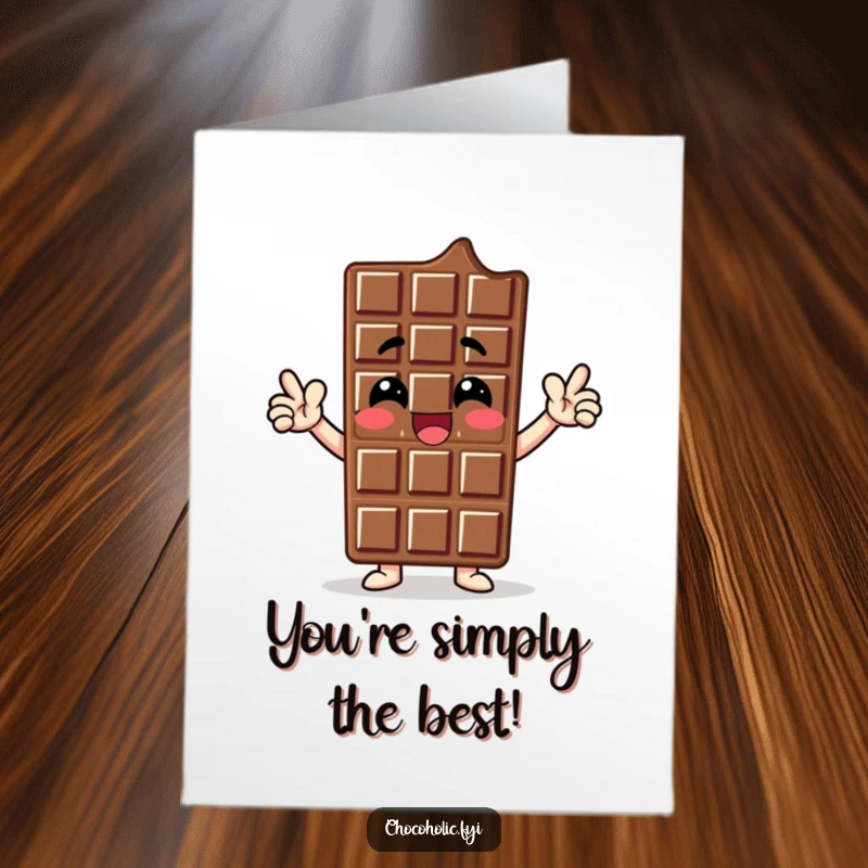 Funny free printable congratulations card: a chocolate bar character striking a proud and enthusiastic pose, radiating confidence and joy.