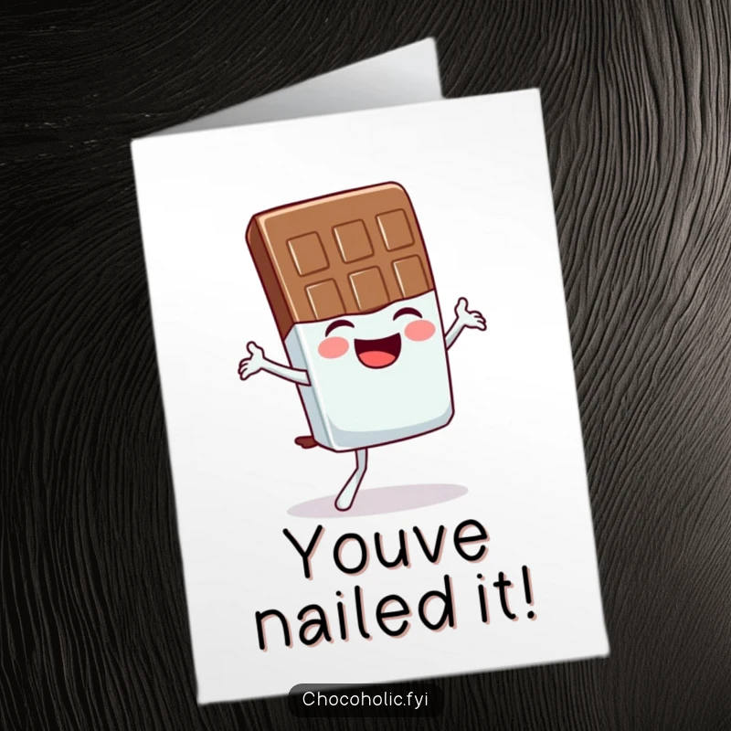 Funny Free Printable Congratulations Card: Chocolate bar character giggling while attempting a funny, wobbly yoga pose.