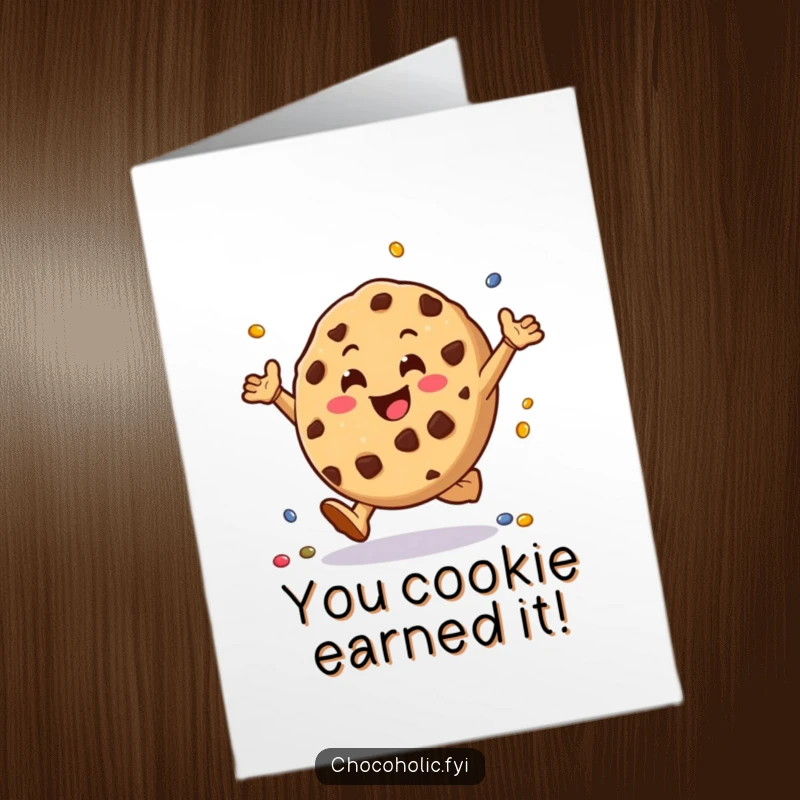 Free printable congratulations card: a happy chocolate chip cookie doing cartwheels with a cheerful expression.