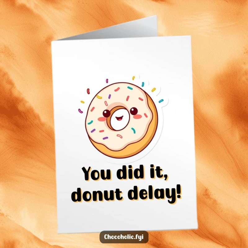 Free Printable Congratulations Card: A joyful kawaii donut character spinning with sprinkles flying, celebrating great news.