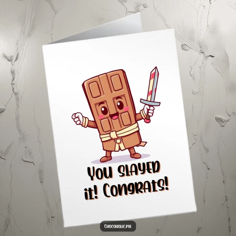 Funny Free Printable Congratulations Card: A kawaii chocolate bar strikes a heroic pose with a candy cane sword, celebrating success.