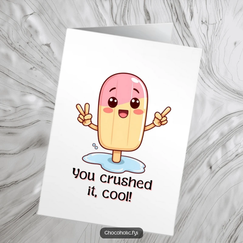 Funny Free Printable Kawaii popsicle character striking a victory pose amidst a melting puddle, perfect for congratulatory messages.