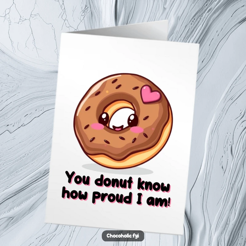 Funny Free Printable Congrats Card: Kawaii chocolate donut character with a happy swirl, celebrating a wonderful achievement.