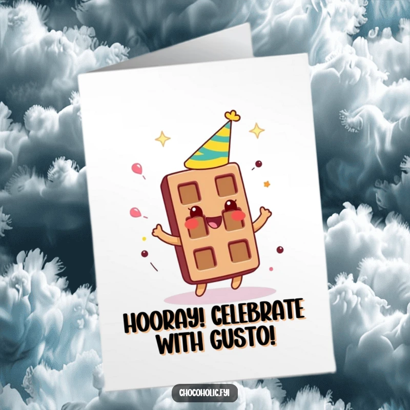 Free Printable Congratulations Card: Chocolate bar character wearing a party hat, spinning around gleefully in celebration.