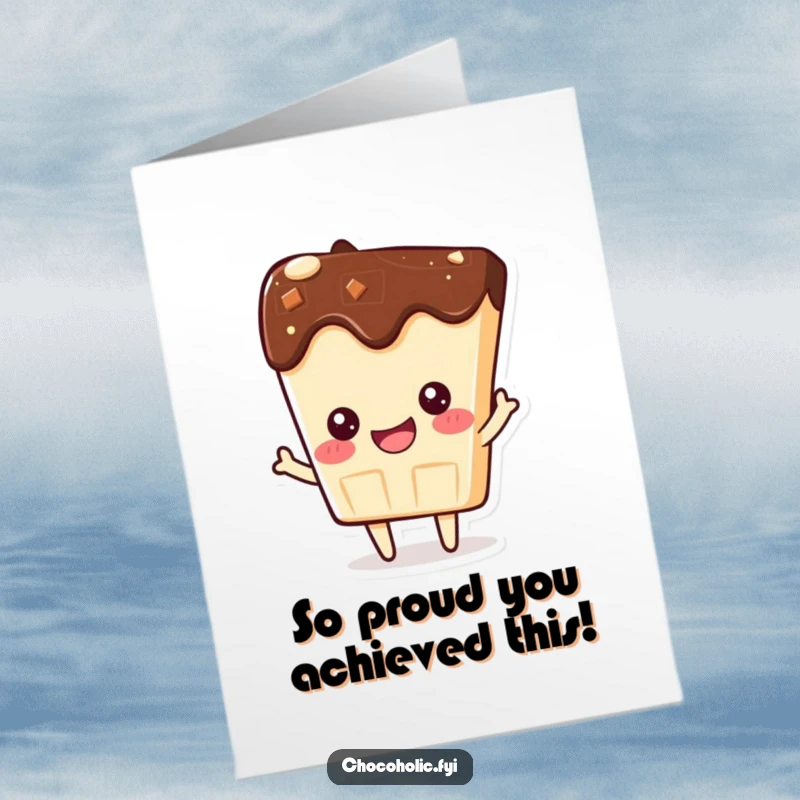 Funny Free Printable Congrats Card: Kawaii chocolate bar character beaming with pride, celebrating a significant accomplishment.